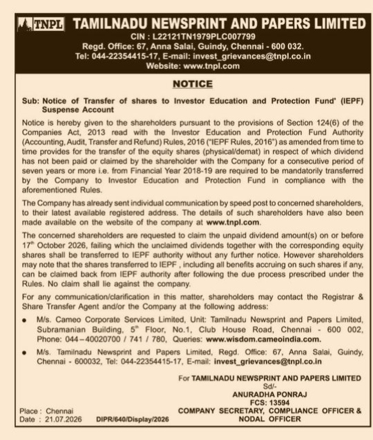 Notice of Transfer of Shares to IEPF Suspense Account