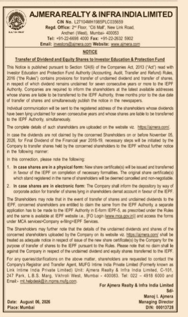 Notice of Transfer of Unclaimed Dividend and Equity Shares to the Investor Education & Protection Fund (IEPF)