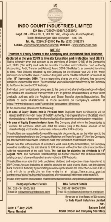 Notice of Transfer of Unclaimed Dividends and Shares to IEPF (Indo Count Industries Limited)