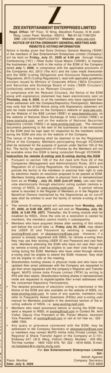 NOTICE OF ZEE ENTERTAINMENT