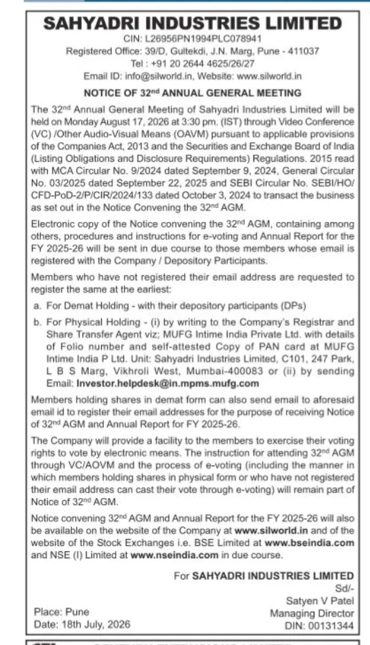 NOTICE OF32 ANNUAL GENERAL MEETING OF SAHYADRI INDUSTRIES LIMITED