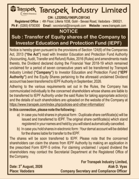 Notice on Transfer of Equity Shares to IEPF by Transpek Industry Limited