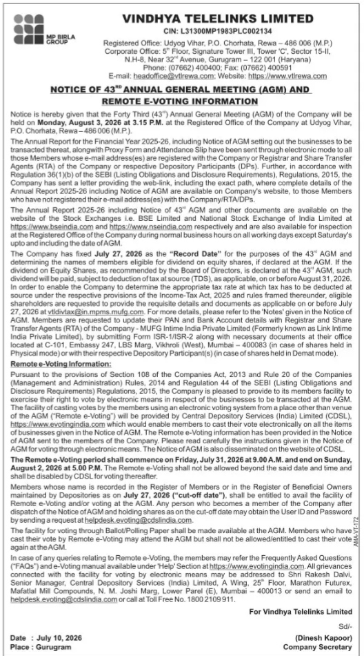 NOTICE REGARDING 43RD ANNUAL GENERAL MEETING