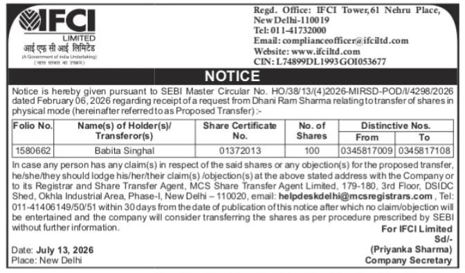 NOTICE REGARDING REQUEST TO TRANSFER PHYSICAL SHARES