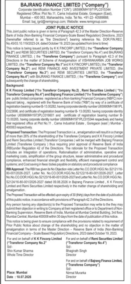 NOTICE regarding the amalgamation of several companies