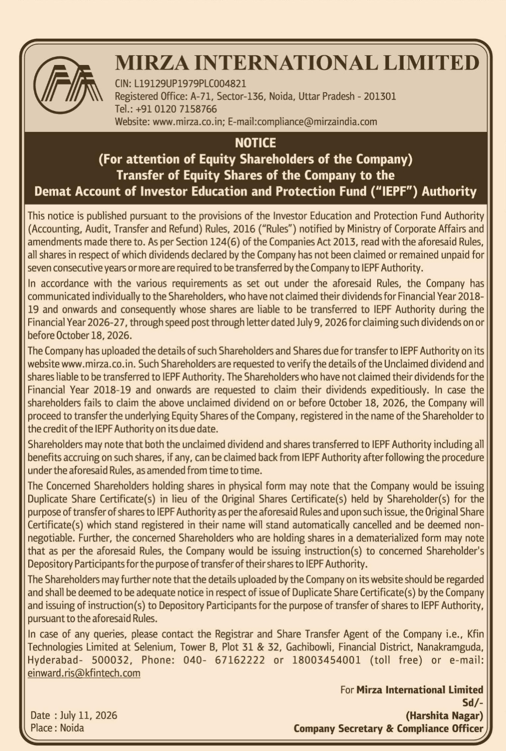 NOTICE regarding the transfer of equity shares