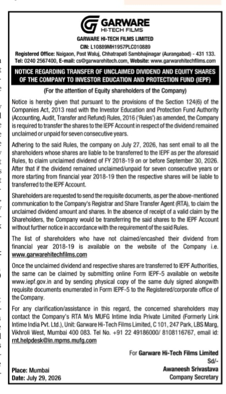 Notice Regarding Transfer of Unclaimed Dividend and Equity Shares to IEPF