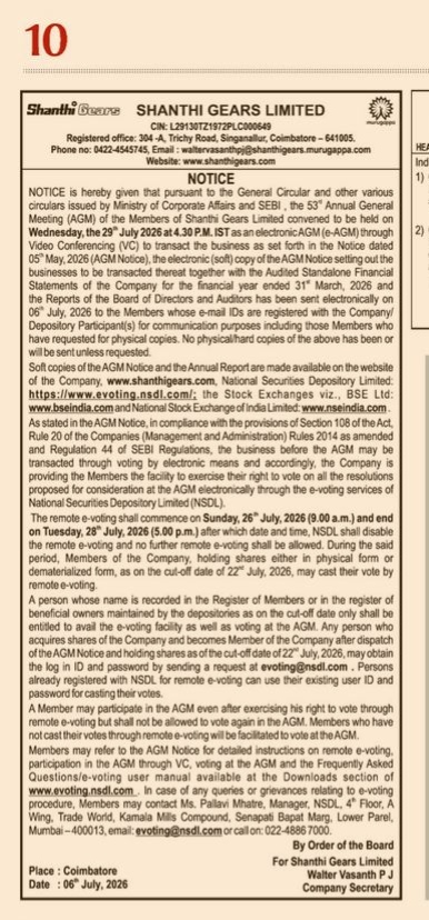 NOTICE SHANTI GEARS LIMITED