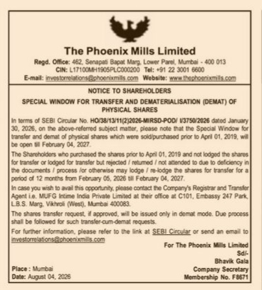 Notice: Special Window for Transfer and Dematerialisation of Physical Shares