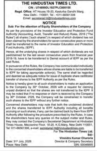 Notice to Equity Shareholders Regarding Transfer of Shares to IEPF