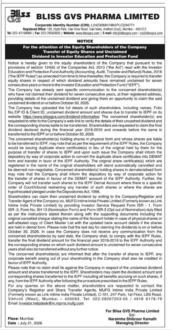 Notice to Equity Shareholders: Transfer of Equity Shares and Unclaimed Dividend to IEPF
