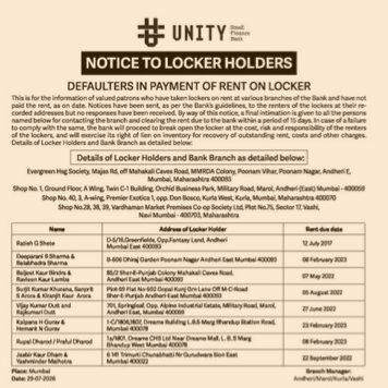 Notice to Locker Holders: Defaulters in Payment of Rent on Locker