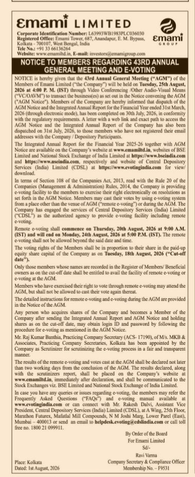 Notice to Members Regarding 43rd Annual General Meeting and E-Voting