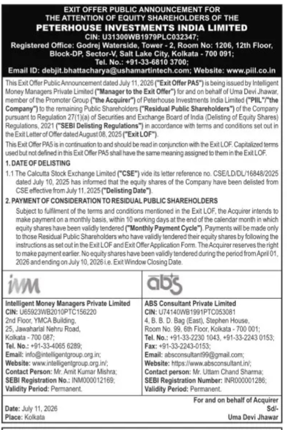 NOTICE TO PETERHOUSE INVESTMENT