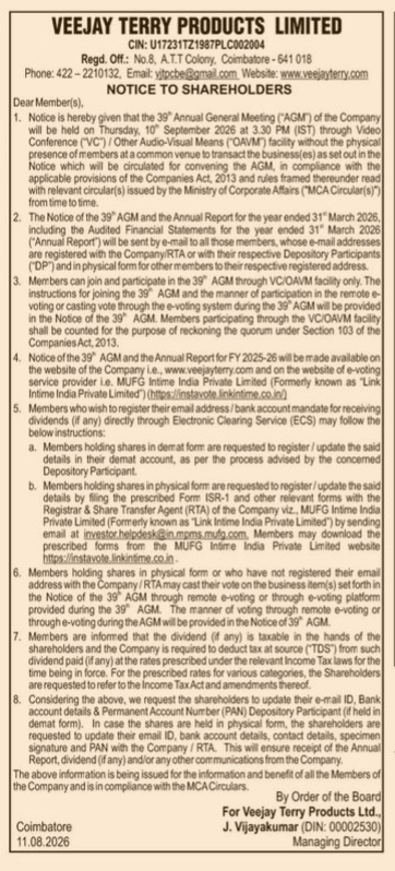 Notice to Shareholders: 39th Annual General Meeting of Veejay Terry Products Limited