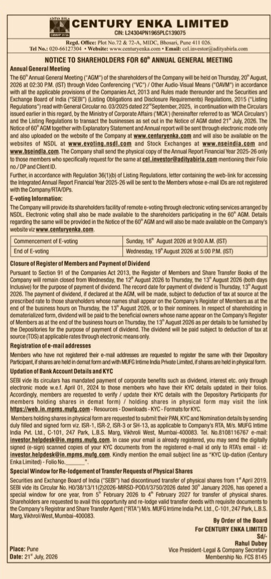 Notice to Shareholders for 60th Annual General Meeting of Century Enka Limited