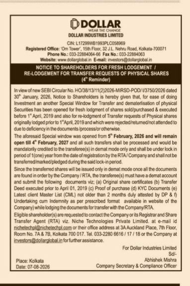 Notice to Shareholders for Fresh Lodgement / Re-Lodgement for Transfer Requests of Physical Shares (4th Reminder).