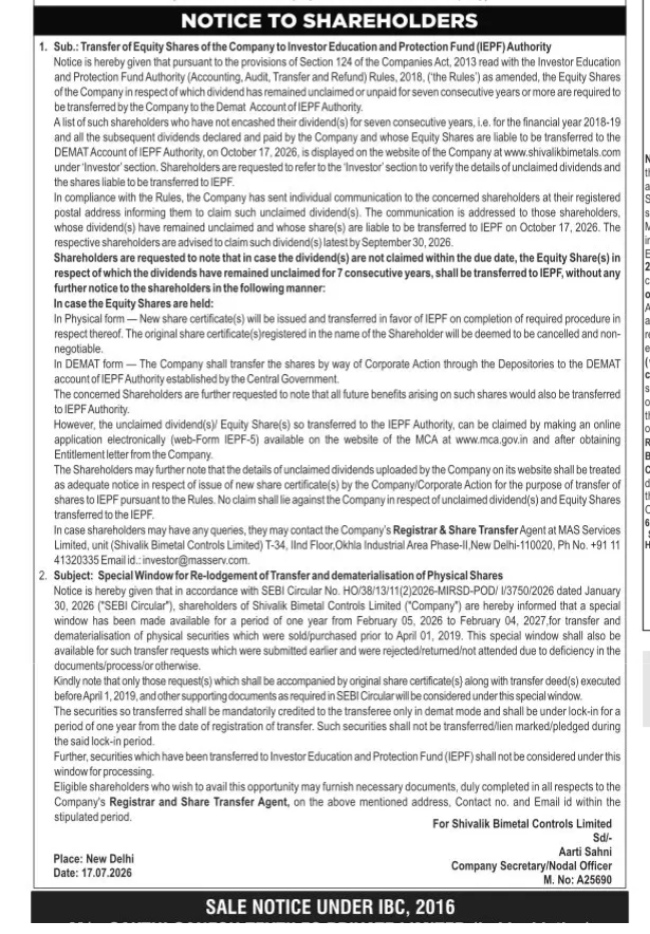 Notice to Shareholders: IEPF Equity Transfer & Special Window for Physical Share Dematerialisation