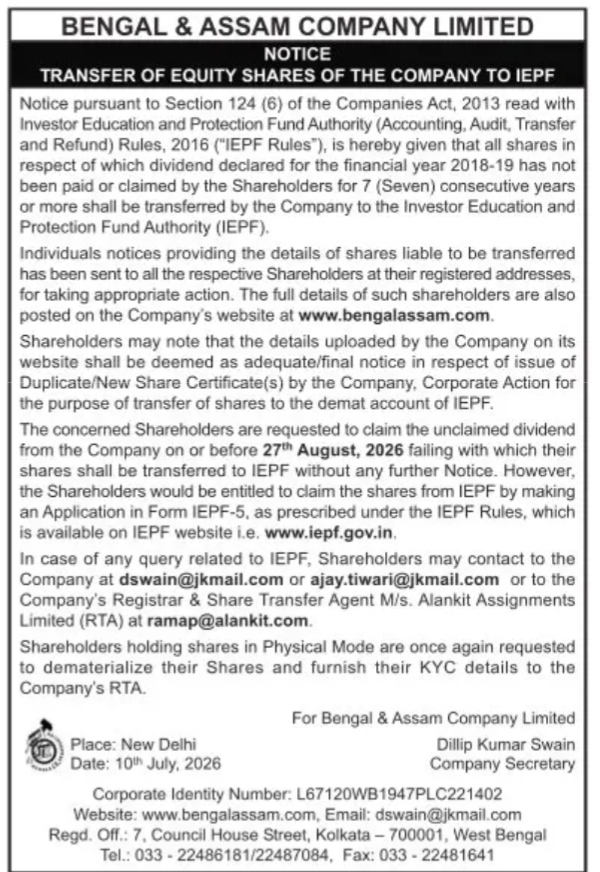 NOTICE TO SHAREHOLDERS OF ASSAM AND BENGAL