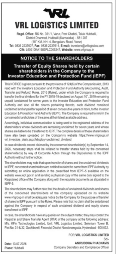 NOTICE TO SHAREHOLDERS OF TRANSFER OF UNPAID EQUITY SHARES