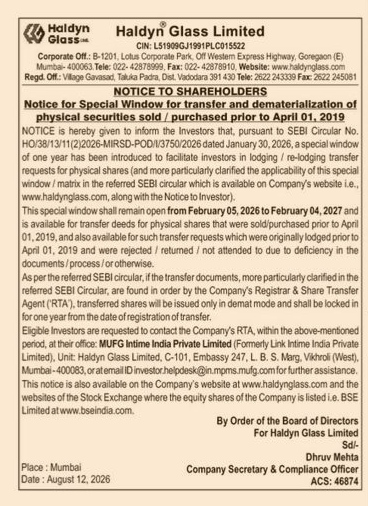 Notice to Shareholders: Physical Share Transfer & Demat Window (2026-2027