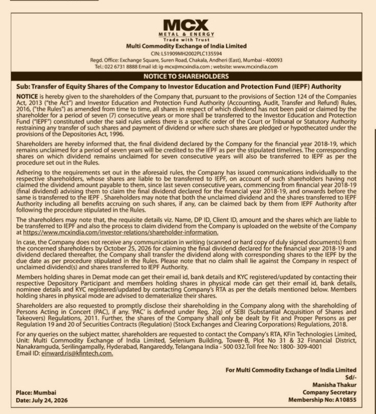 Notice to Shareholders regarding Transfer of Equity Shares to IEPF Authority