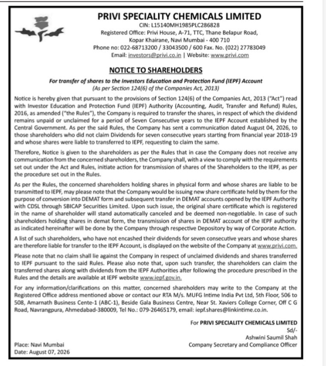 Notice to Shareholders Regarding Transfer of Shares to IEPF Account