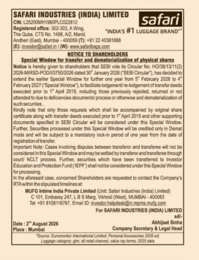 Notice to Shareholders: Special Window Extension for Physical Share Transfer and Dematerialization