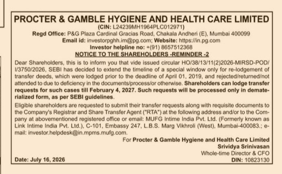 Notice to Shareholders: Special Window Extension for Re-lodgement of Transfer Deeds