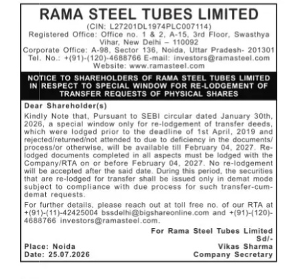 Notice to Shareholders: Special Window for Re-Lodgement of Physical Share Transfer Requests
