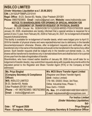 Notice to Shareholders: Special Window for Re-lodgement of Physical Shares Transfer Request (Insilco Limited)