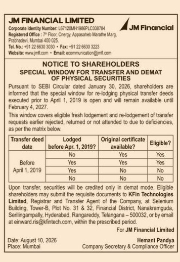Notice to Shareholders: Special Window for Transfer and Demat of Physical Securities