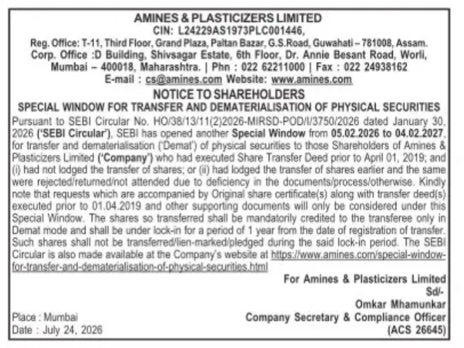 Notice to Shareholders: Special Window for Transfer and Dematerialisation of Physical Securities