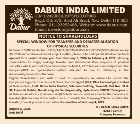 Notice to Shareholders: Special Window for Transfer and Dematerialisation of Physical Securities