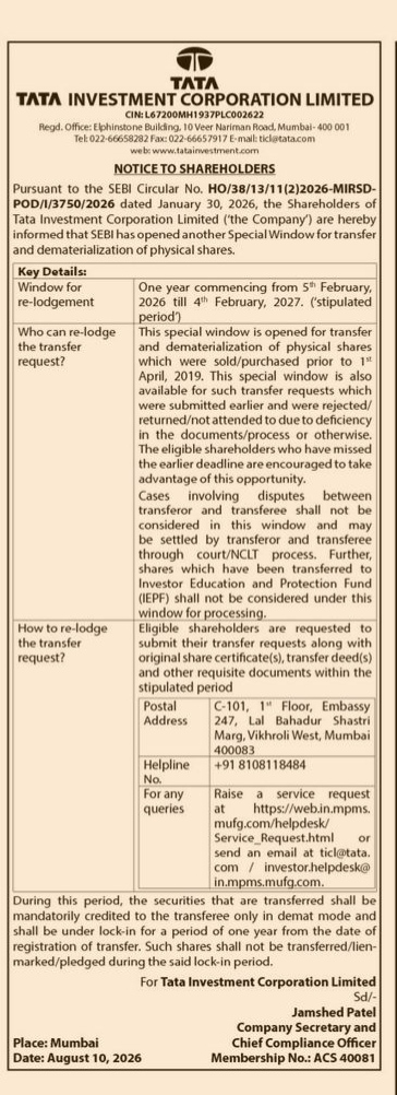 Notice to Shareholders: Special Window for Transfer and Dematerialization of Physical Shares