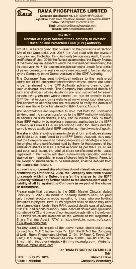 Notice to Shareholders: Transfer of Equity Shares to IEPF Authority