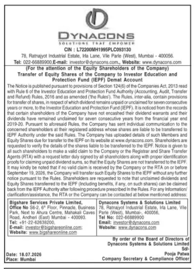 Notice to Shareholders: Transfer of Equity Shares to the Investor Education and Protection Fund (IEPF)