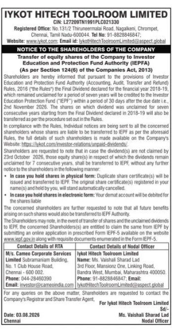 Notice to Shareholders: Transfer of Shares to IEPF (Iykot Hitech Toolroom Limited)