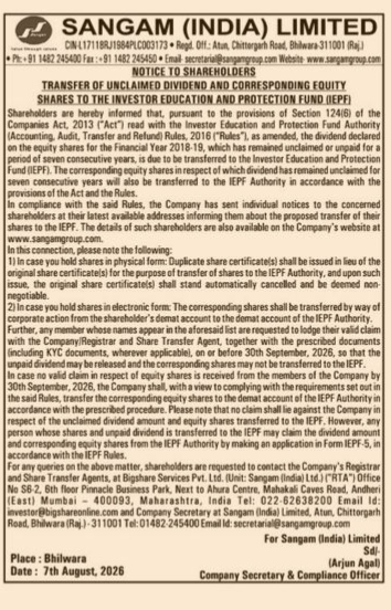 Notice to Shareholders: Transfer of Unclaimed Dividend and Shares to IEPF (Sangam India Limited