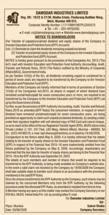 Notice to Shareholders: Transfer of Unclaimed Dividends and Shares to IEPF