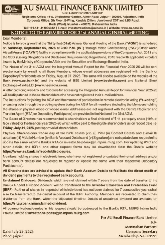 Notice to the Members for 31st Annual General Meeting of AU Small Finance Bank Limited