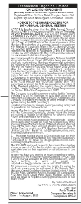 Notice to the Shareholders for 30th Annual General Meeting of Technichem Organics Limited