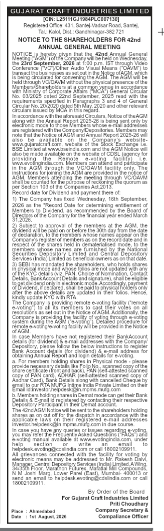 Notice to the Shareholders for the 42nd Annual General Meeting of Gujarat Craft Industries Limited