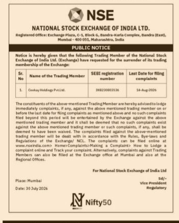 NSE Public Notice: Surrender of Trading Membership by Ceekay Holdings Pvt. Ltd.