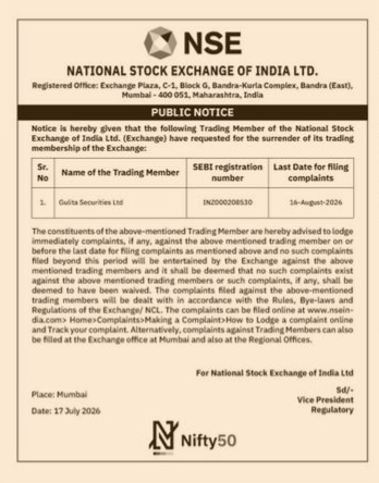 NSE Public Notice: Surrender of Trading Membership by Gulita Securities Ltd