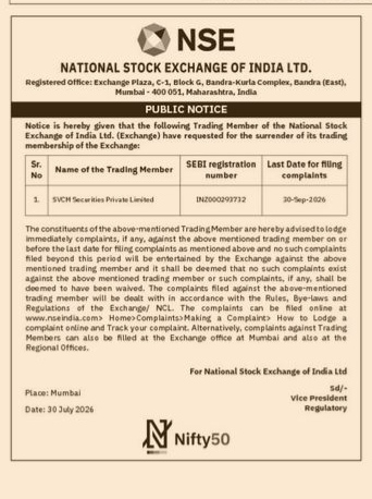 NSE Public Notice: Surrender of Trading Membership by SVCM Securities Private Limited