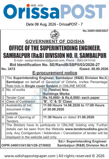 Odisha Government E-Procurement Notice for Sambalpur Buildings Works (August 2026)