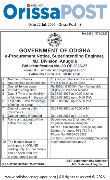Odisha Government Tender Notice: Bid No. 09 of 2026-27