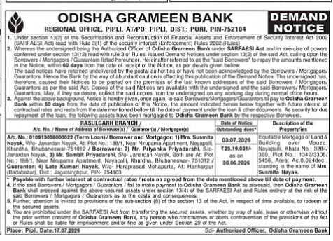 Odisha Grameen Bank SARFAESI Act Demand Notice (July 2026)
