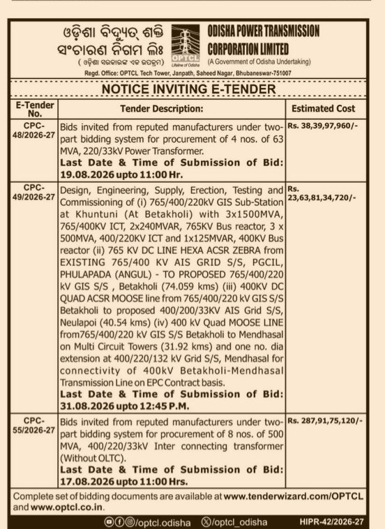 Odisha Power Transmission Corporation Limited Tender Invitations